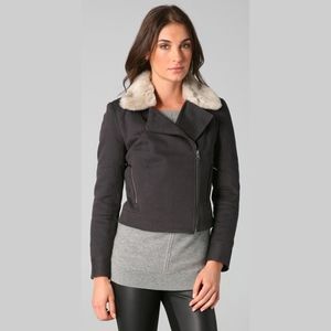 club monaco • steel gray faux fur collar bomber asymmetrical zip aviator jacket
